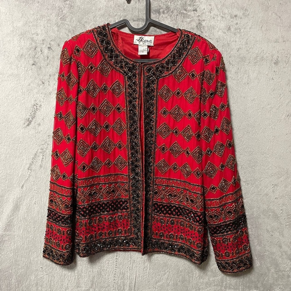 Jkara Red 100% Silk Beaded Jacket M Black Gold Evening